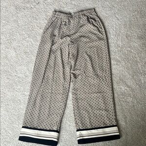 Silky, Lined Patterned Wide-Leg Pants with Striped Hem